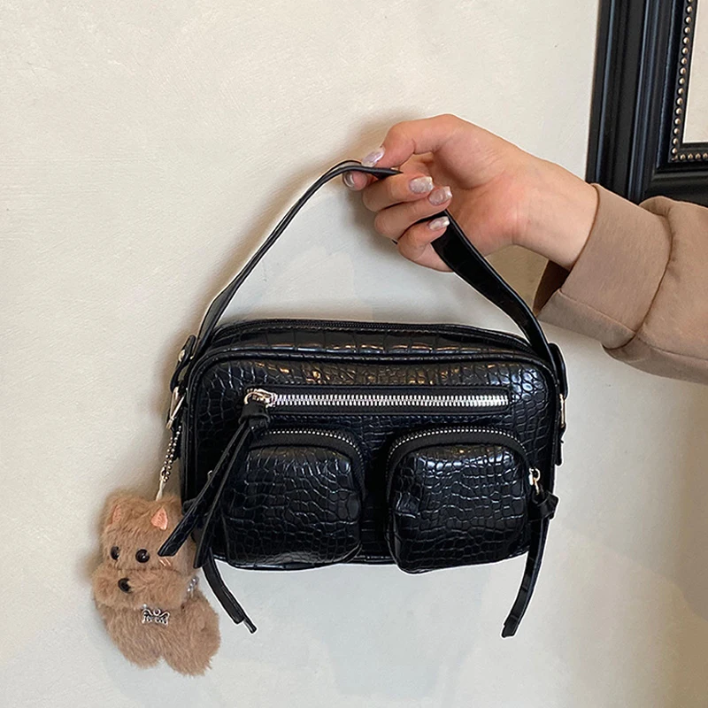 Retro Trendy Crocodile Texture Crossbody Bag Solid Color Versatile Multi-pocket Shoulder Bag Fashion Commuter Small Square Bag