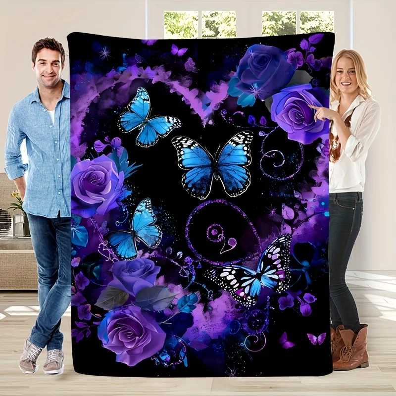Vintage-Inspired Soft & Warm Plush Blanket with Purple Roses, Heart Garland & Blue Butterfly - Perfect for Living Room, Bedroom