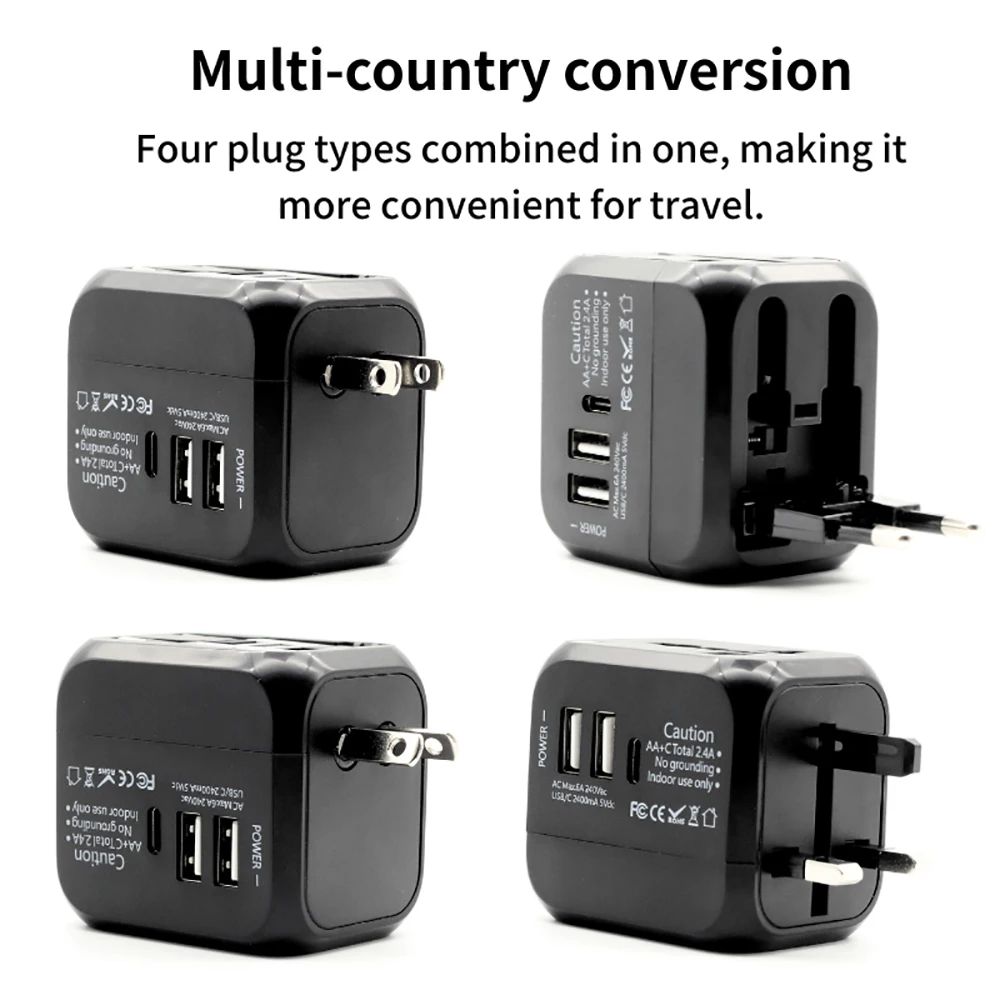 Universal All-in-One Travel Power Adapter With US EU UK AU Plug 2 USB 1 Type C Port Portable Wall Charger International Charging