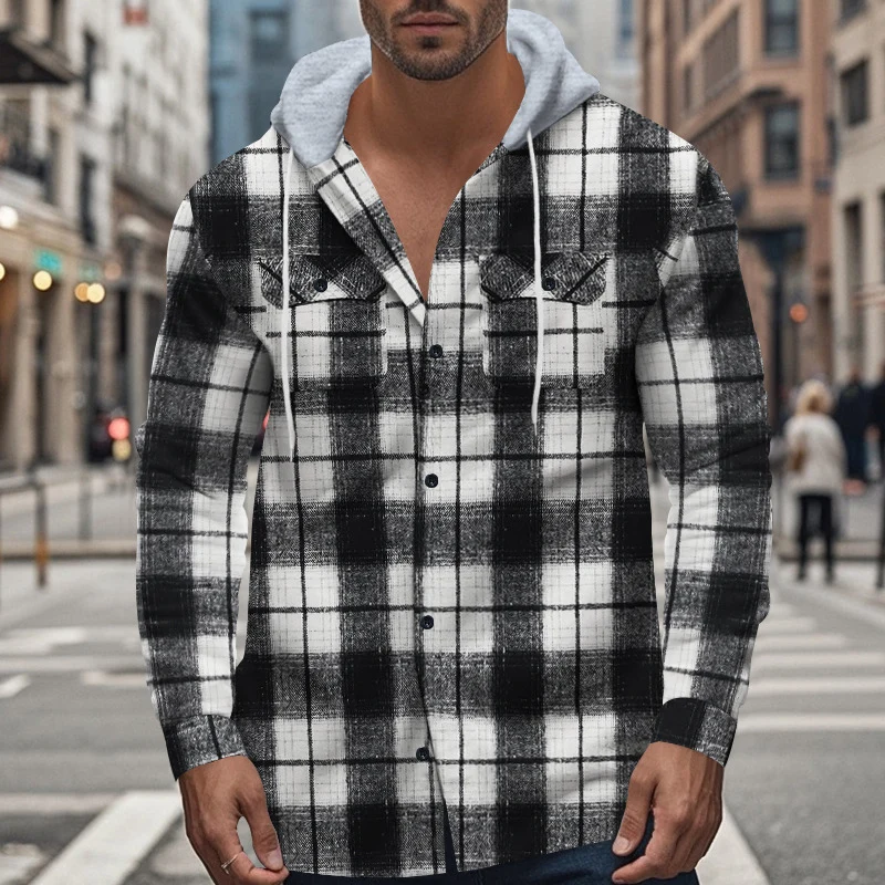 Fashion Plaid Woolen Shirts Mens Autumn Casual Long Sleeve Buttoned Hooded Cardigans Men Vintage Loose Fleece Shirt Streetwear