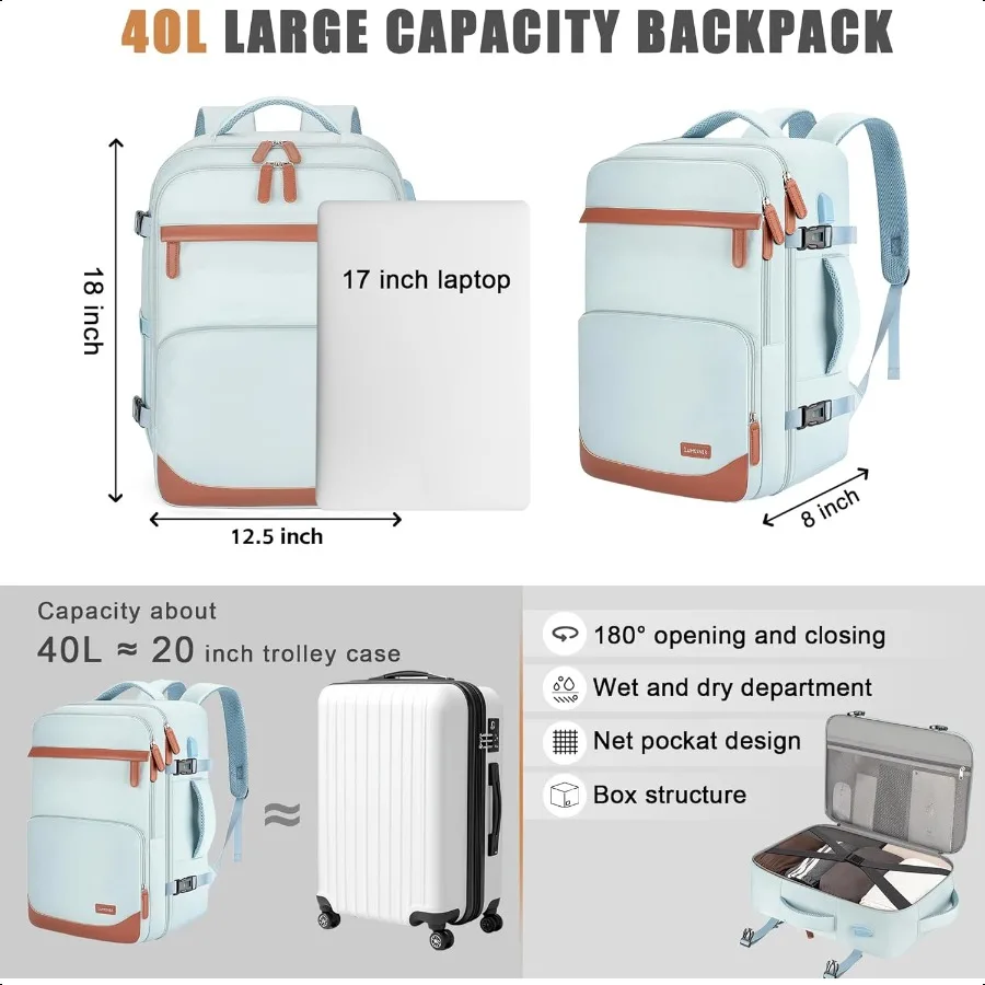 40L Travel Backpack with USB Charging Port WaterResistant Carry On Backpack for Men Women Busin Laptop Backpack for Trips Commu