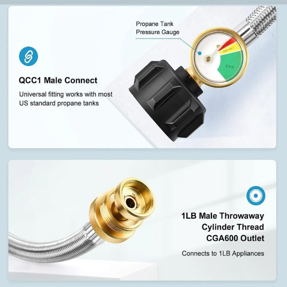 6FT Propane Hose Adapter with Pressure Gauge for Weber Q Grills and For Coleman Portable For Tabletop Griddles