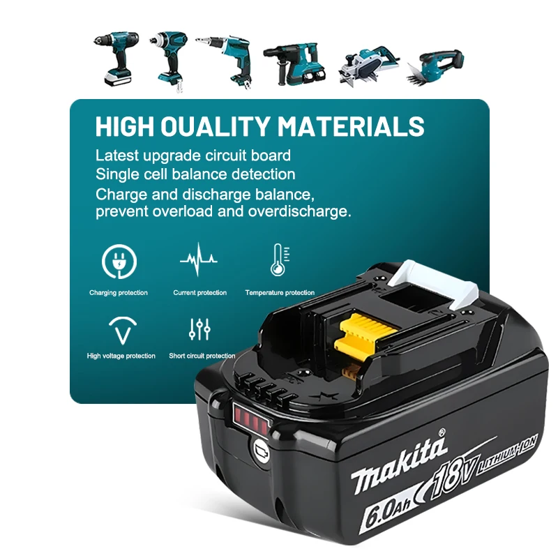 100%Original Makita battery, 18V 6.0Ah rechargeable battery, replacing Makita BL1830, BL1840, BL1850, BL1860B, lithium battery