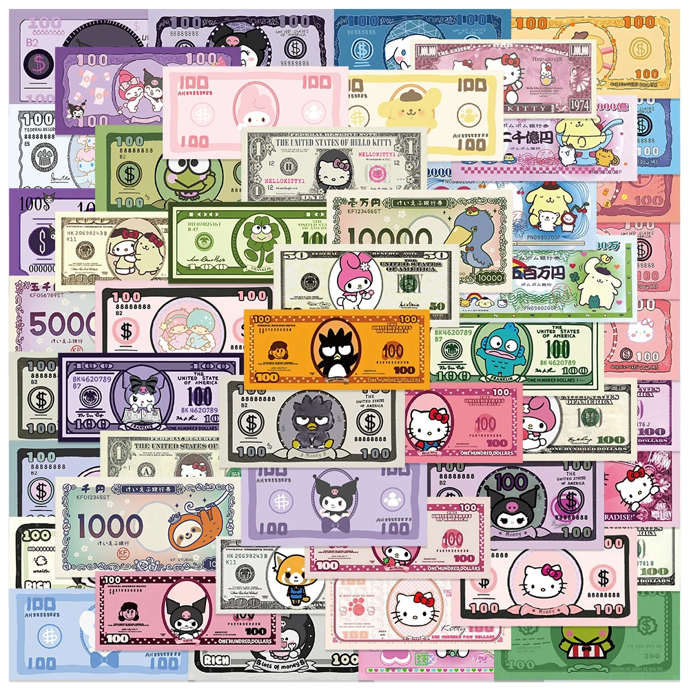 50pcs Sanrio Paper Money Kawaii Hello Kitty Kuromi Anime Stickers Aesthetic Decorative Stationery Phone Laptop Cute Kid Sticker