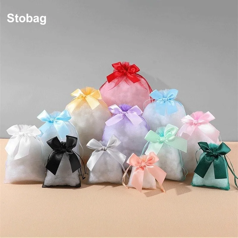 

StoBag 50pcs Color Organza Bags with Bow Jewelry Gift Candy Packaging Small Storage Bundle Pocket Pouch Wedding Favors Party