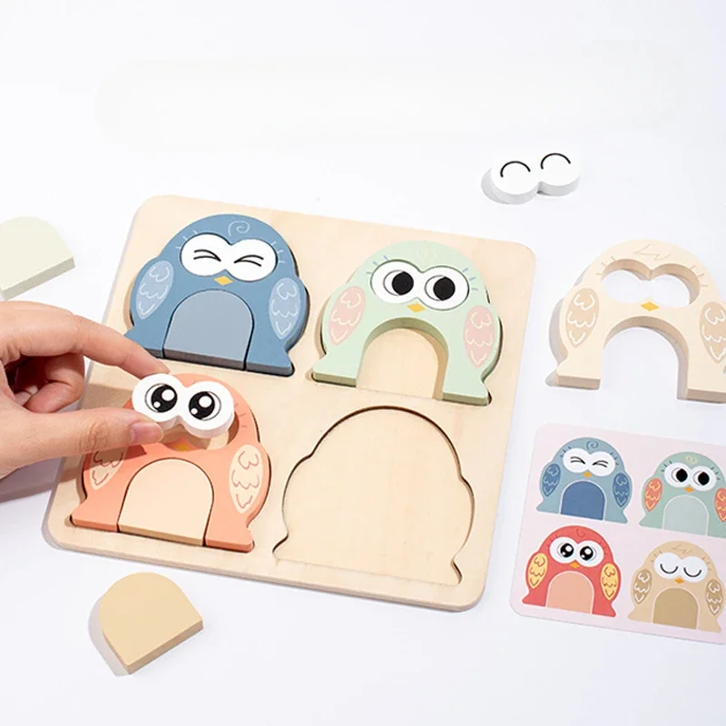 Children's Early Education Wooden Puzzle Toys 3-6 Years Old Owl Face-changing Cognitive Pairing Puzzle Table Interactive Games