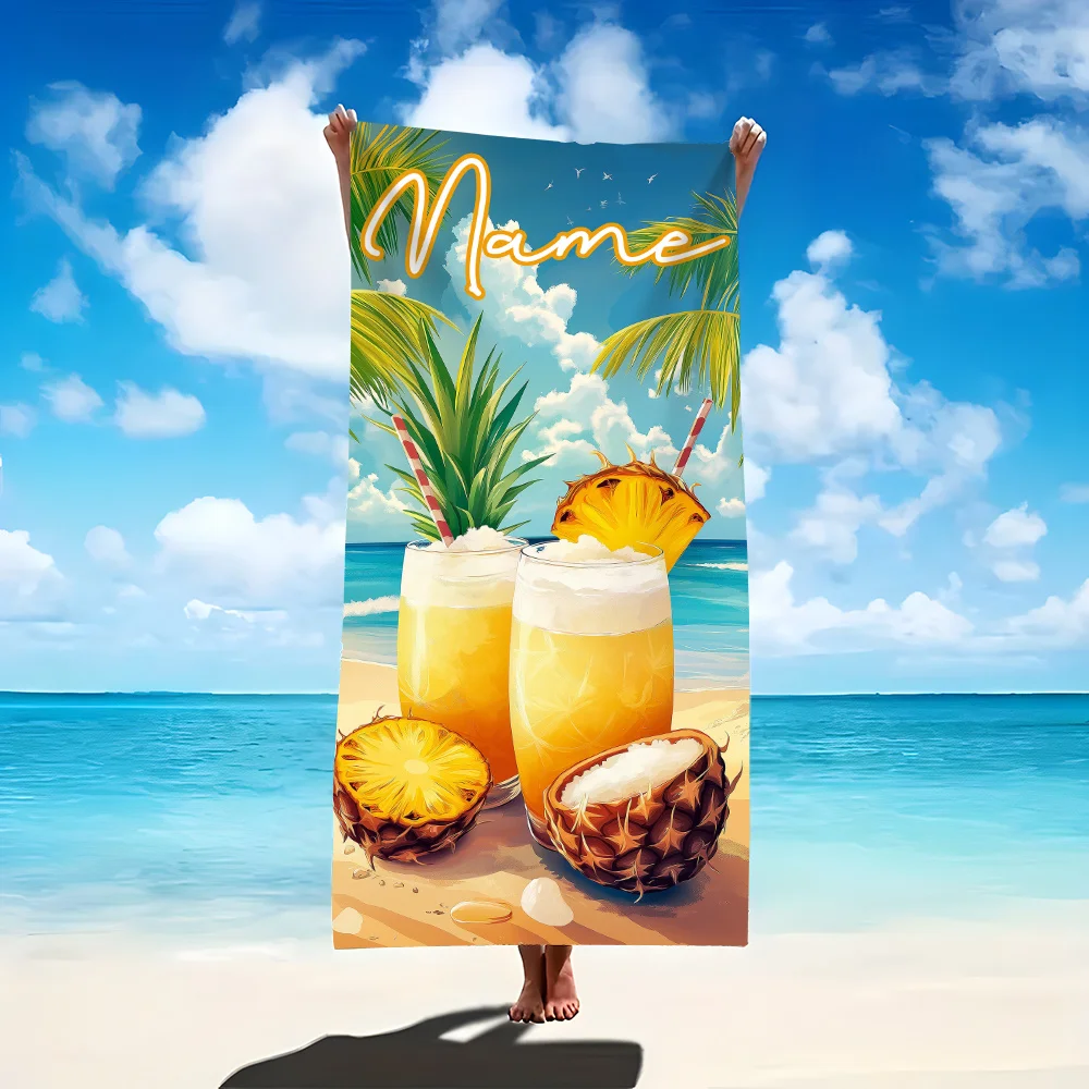1pc Customized Name Beach Towel Text/Name Large Quick-Dry Microfiber with Pineapple Coconut Drink Design, Tropical Palm view 2