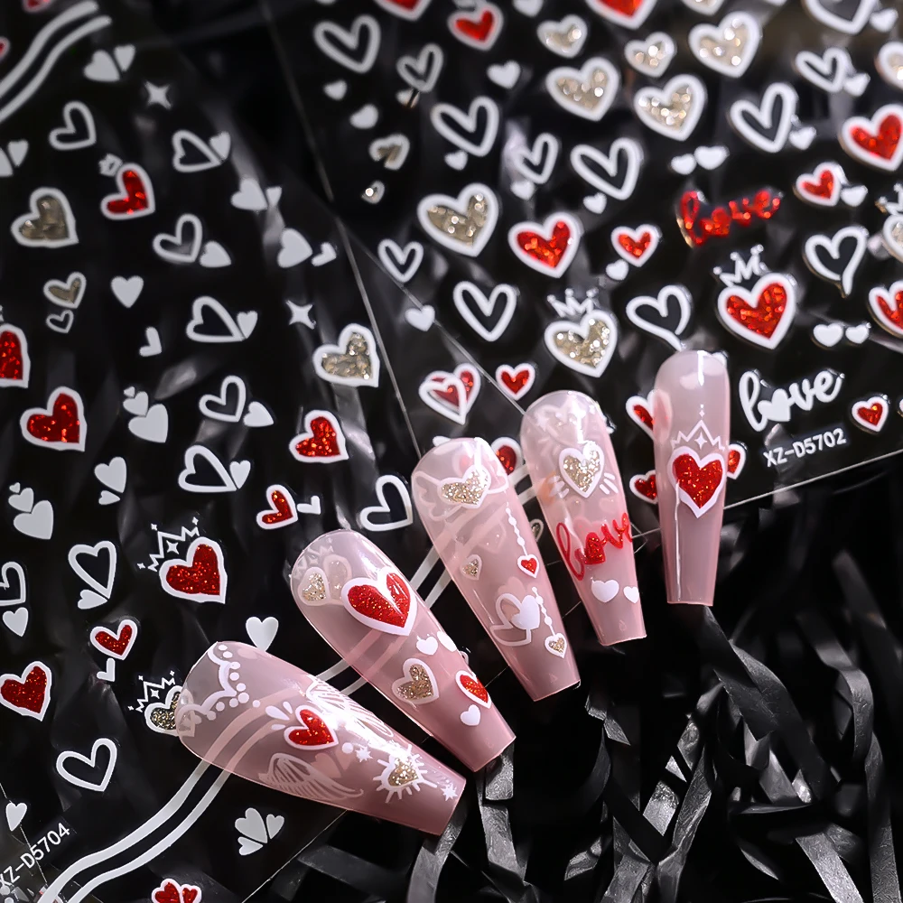 6 個 3D グリッター赤白ハートバレンタインデーネイルステッカーかわいい太陽/月/弓ネイルアートデカール 8*10 センチメートル粘着ネイルデコラ E # 5
