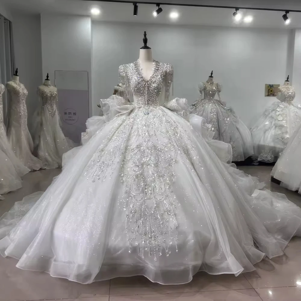 

Vestidos De Noivas Tassel Short Sleeve Scalloped Wedding Dress Lace Up Keyhole Back Beading Embroidery Ball Gown Bridal Dress