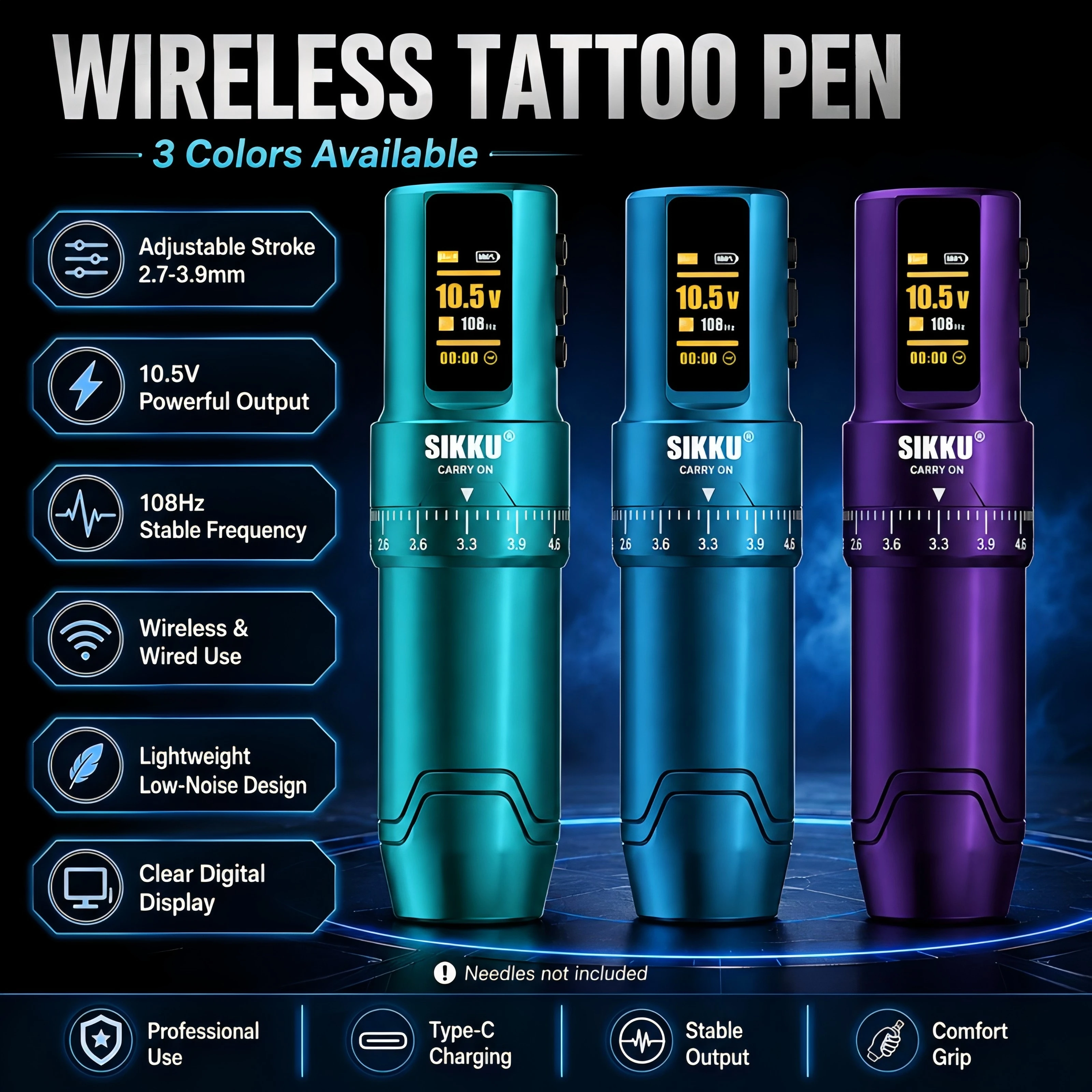 SIKKU Wireless Tattoo Pen Machine HD LED Display Coreless Brushless Motor Rotary Tattoo Gun for Lining Shading Permanent Makeup