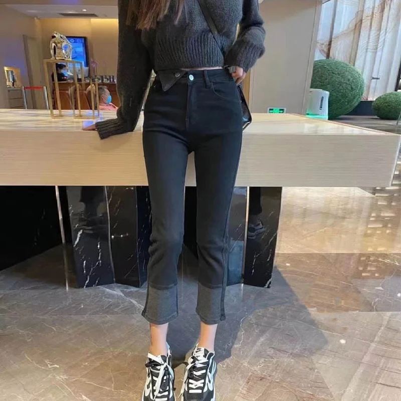 

8879 Spring Fall Straight-Through Jeans Women High Waist Patchwork Fashion 2022 Streetwear Versatile Female Denim Cropped Pants