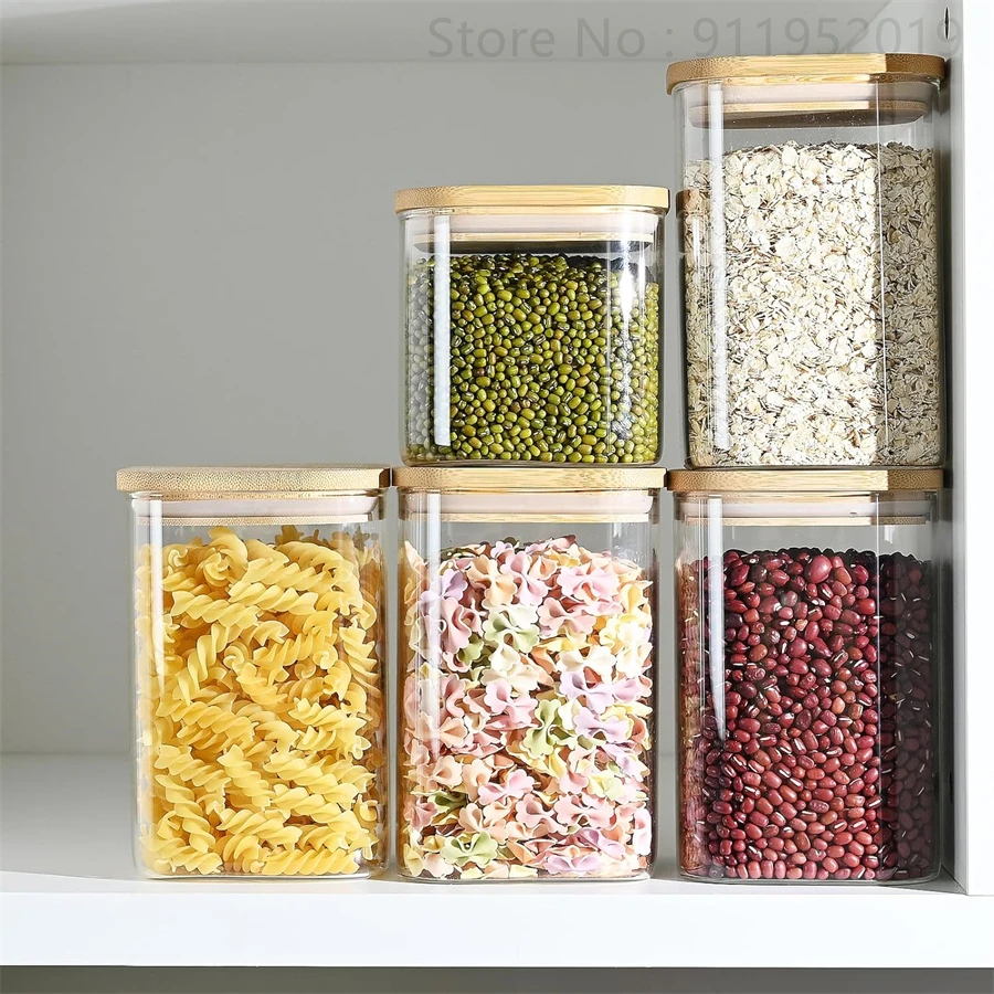 Glass Food Storage Jars with Bamboo Lids, Clear Square Airtight Kitchen Storage Container, Stackable Glass Pantry Food Canisters