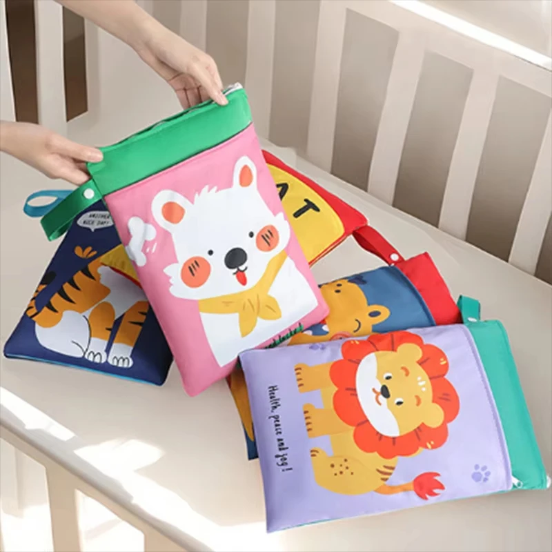 Baby Diaper Wet Dry Bag Cartoon Waterproof Diaper Bag Double Zippers with Handle Mommy Bag Reusable Washable Diaper Nappy Bag