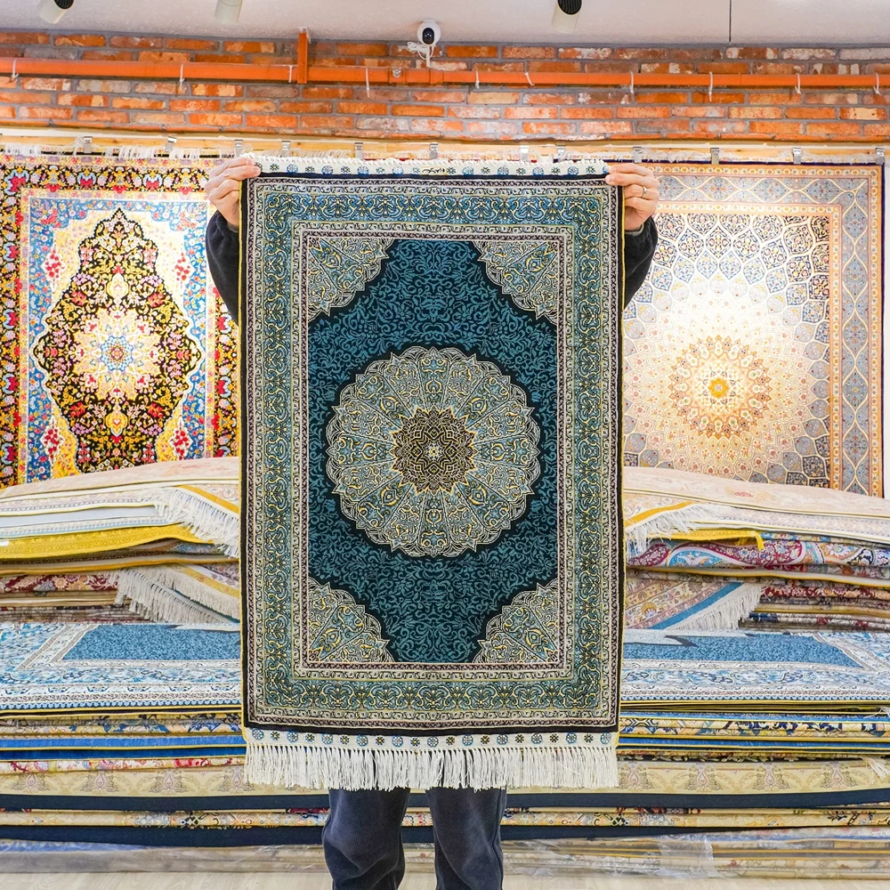 61x91cm Small Blue Turkish Rug Oriental Hand Knotted Silk Carpet