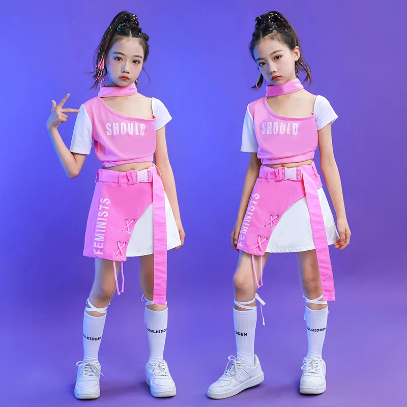 Mini jupe en Y pour enfants, vêtements de scène pour enfants, vêtements Hip Hop pour filles, vêtements de danse jazz, costume de rue pour adolescents, rose précieux