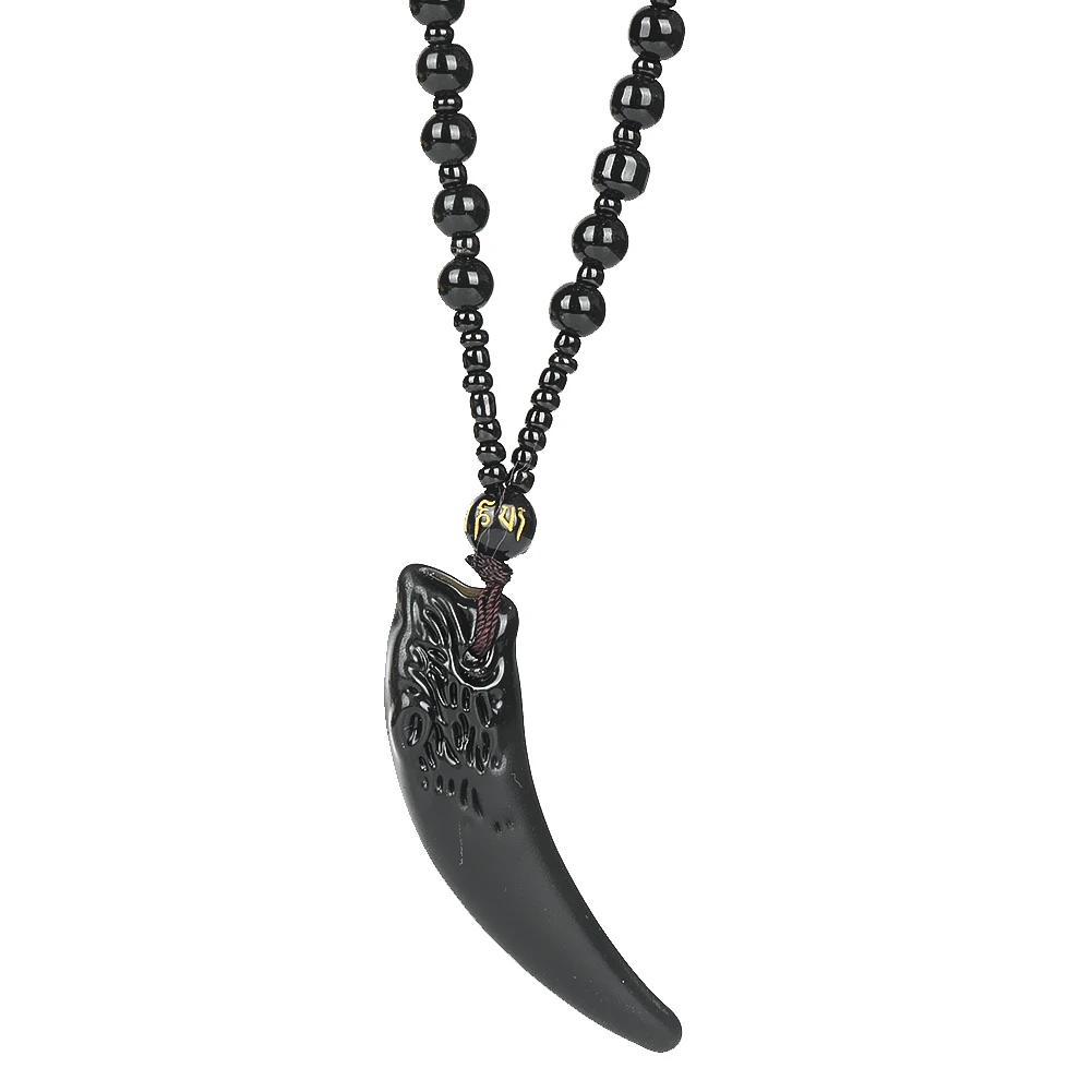 Natuurlijke Obsidiaan Carving Wolf Tand Vorm Black Spacer Kralen Ketting Ketting Crescent Moon Unisex Paar Hanger Charmes Sieraden