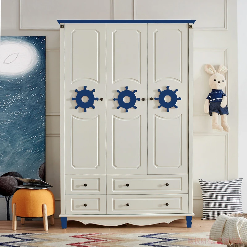 

Children's Wardrobe Solid Wood Modern Simple Home Bedroom Cabinet Mediterranean Style Boys and Girls Children's Room Wardrobe