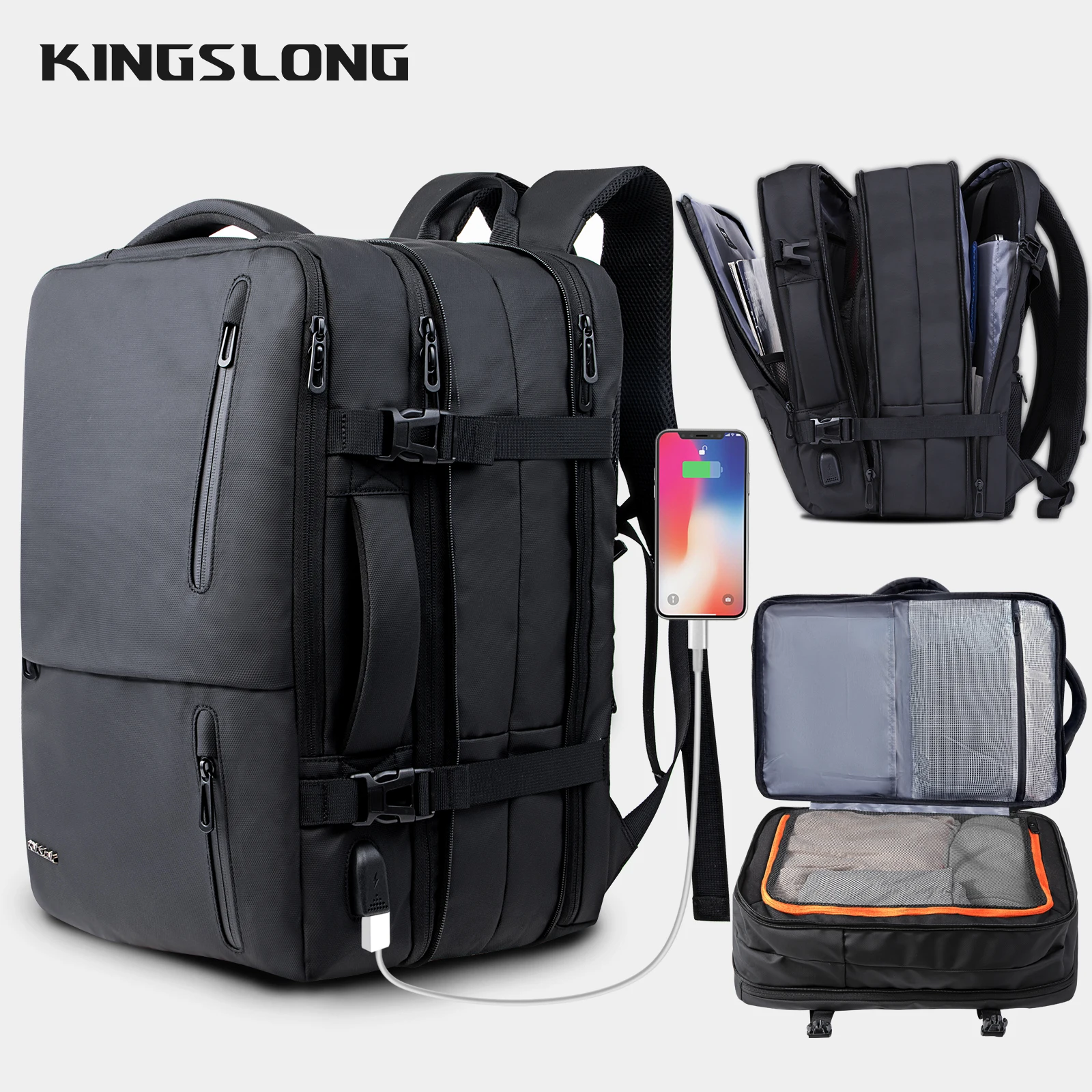 KINGSLONG 40L Large Travel Trip Backpack Waterproof Notebook Laptop Backpacks with USB Port Business Black Clothing Luggage Bag