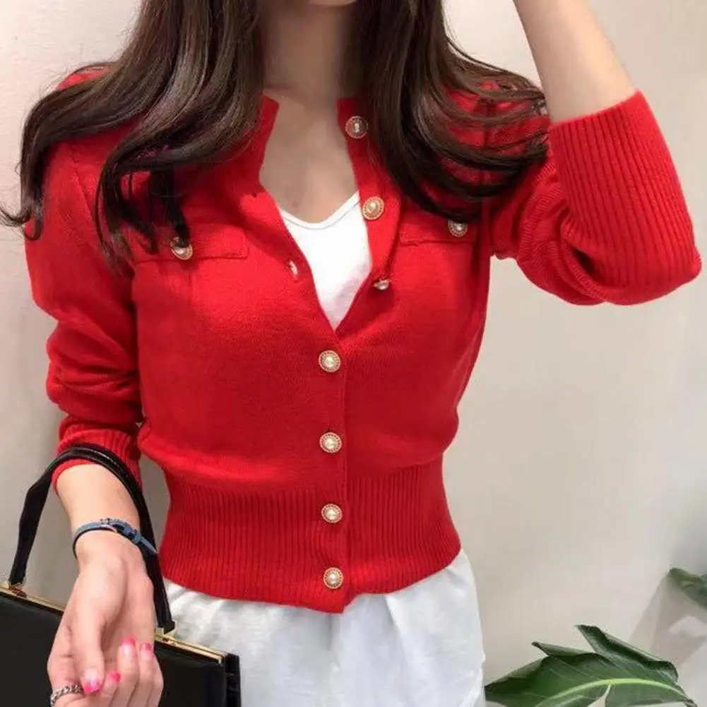 Knitted Cardigan Sweater Fashion Women Autumn Long Sleeve Short Coat Korean Single Slim Top Casual Pull Femme