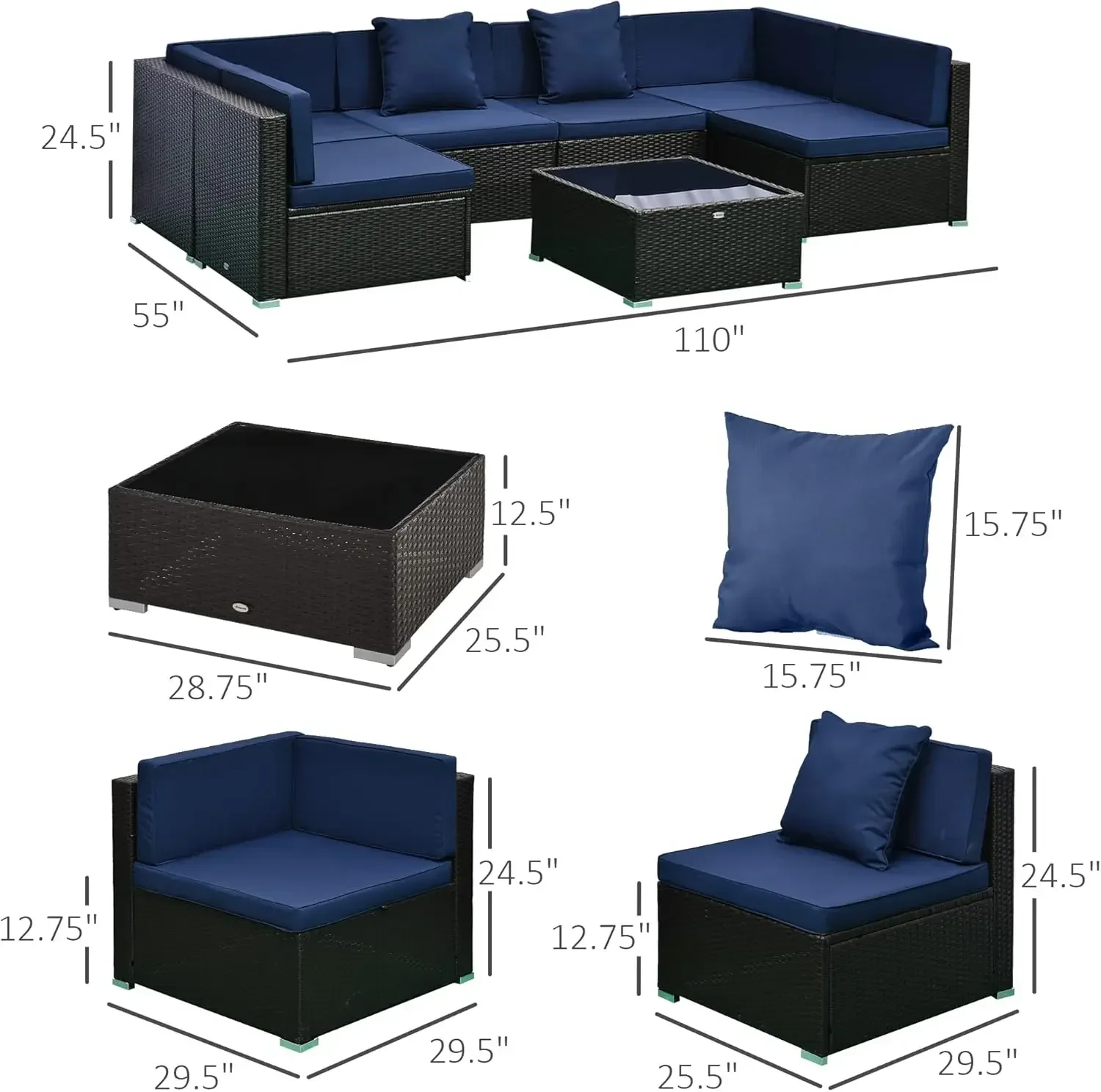 

Outdoor Wicker Conversation Sets All Weather PE Rattan Sectional Sofa Set with Cushions & Tempered Glass Desktop, Dark Blue