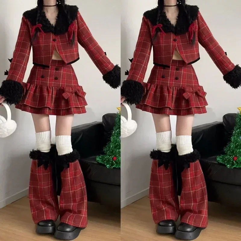 Retro Woolen Suits Contrast Plaid Plush Splicing Short Jacket High Waist Ruffled Bow A-line Tutu Skirt Women's Three Piece Set