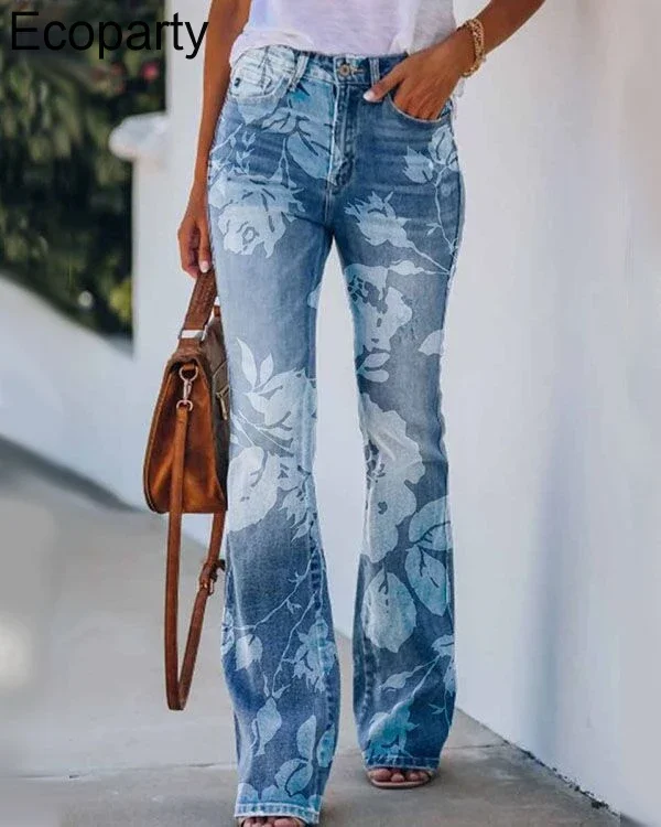 

2022 Vintage Summer Overalls Women's Fashion Flower Printed Embroidery Skinny Vintage Flare Denim Pants Womens Casual Trousers