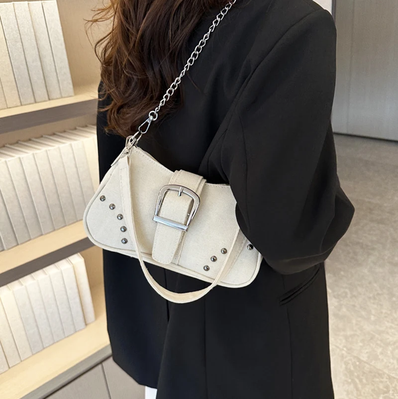 Y2K Fashion Women Vintage Rivet Bag Underarm Bag Canvas Luxury Brand Designer Shoulder Bags Zipper Ladies Commute Handbag
