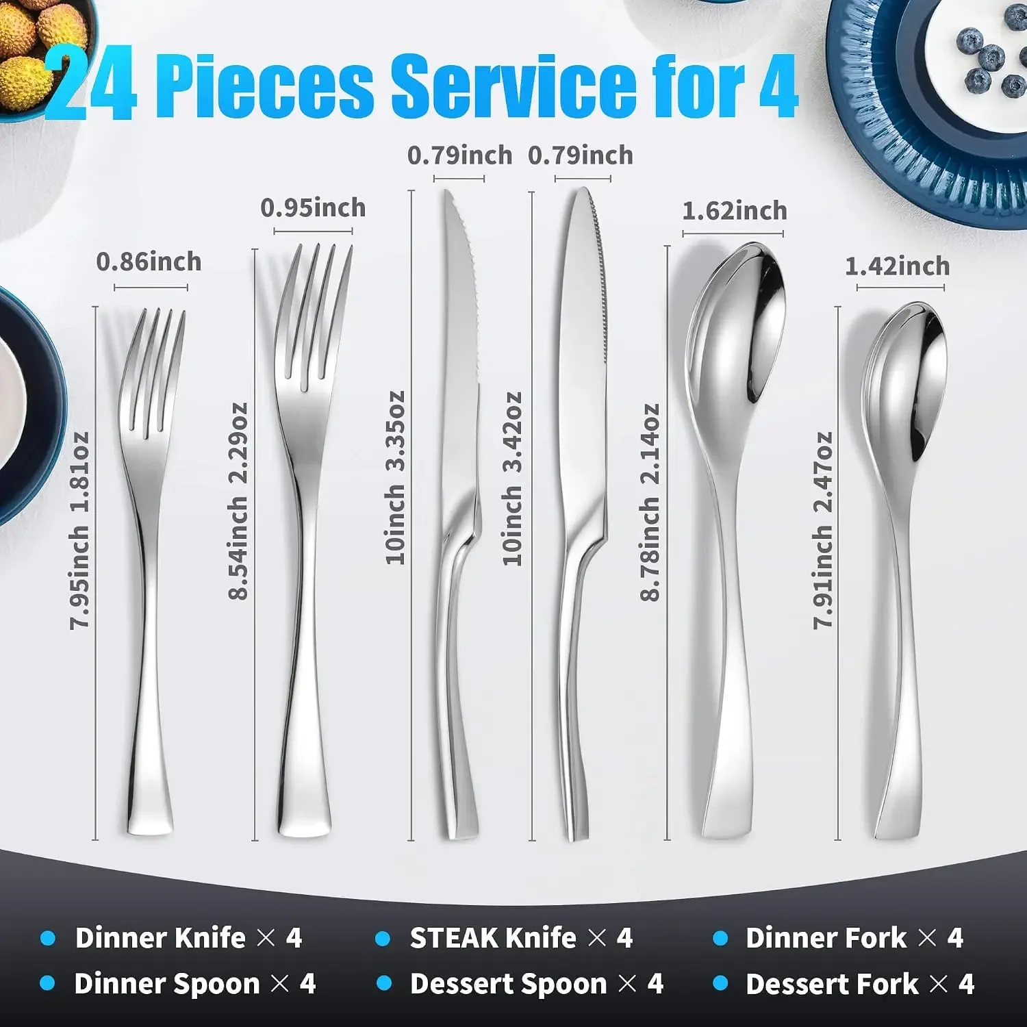24-Piece Silverware Set for 4 with Steak Knives, Heavy Duty 18/10 Stainless Steel Flatware, Modern Cutlery Set, Dishwasher Safe view 3