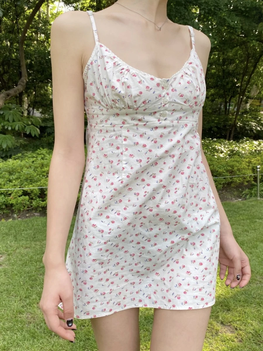Lace Trim Floral Print Mini Dress Women Button V Neck Back Lace-up Suspender Dresses Summer Sweet Fashion Sleeveless Short Dress