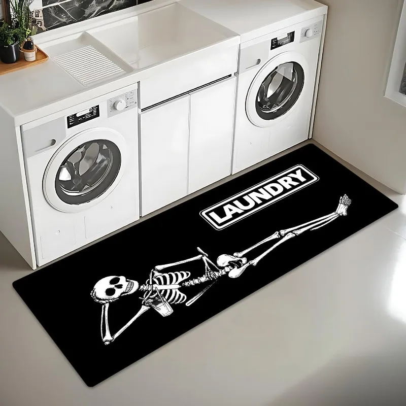 Halloween Skeleton Runner Carpet Black‑White Dancing Skull Bat Vintage Ornate Border Printed Floor Carpet Spooky Holiday Decor