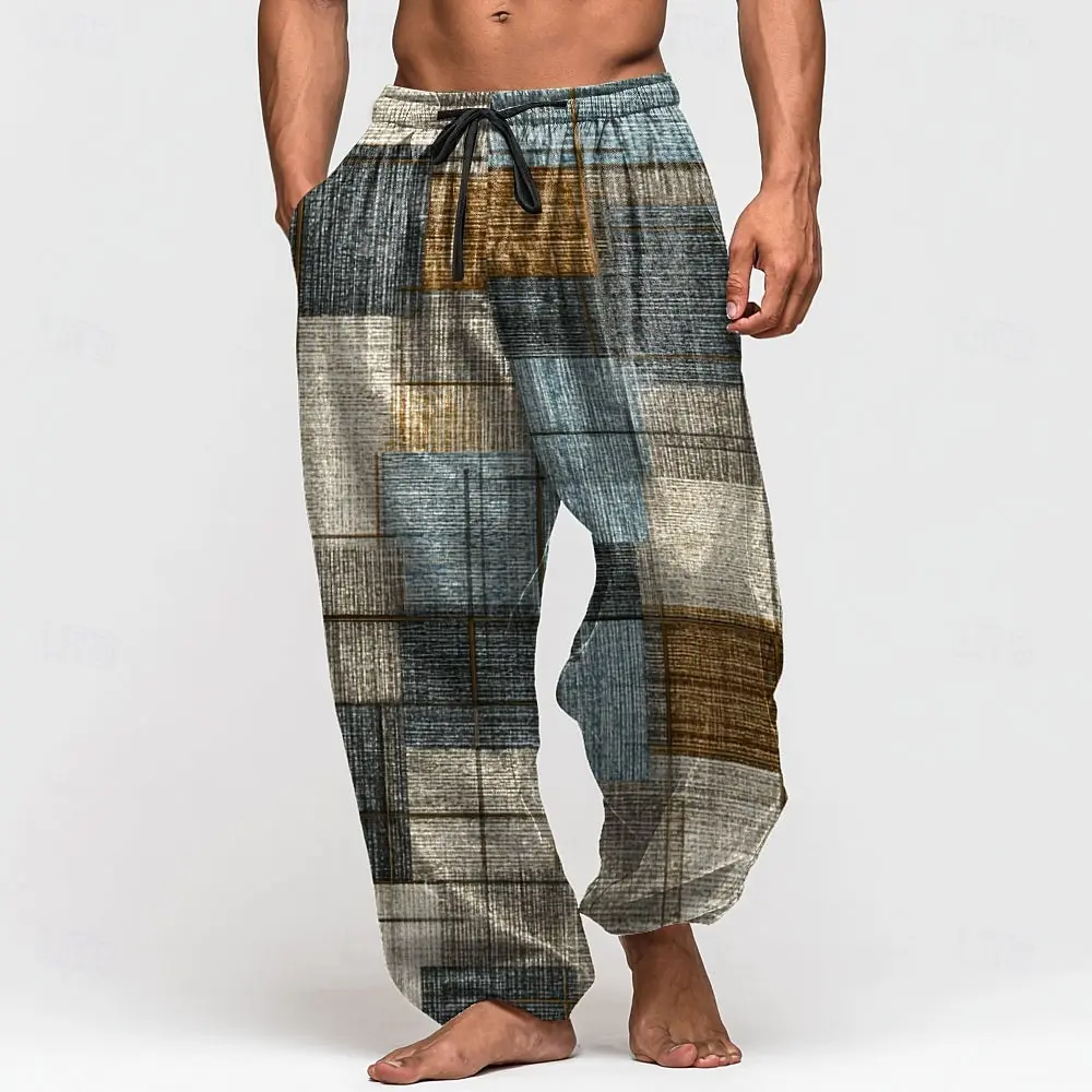 

2025 Men's Geometric Color Block Pants Trousers Mid Waist Drawstring Elastic Waist Casual Outdoor Wide-leg Trousers for Men