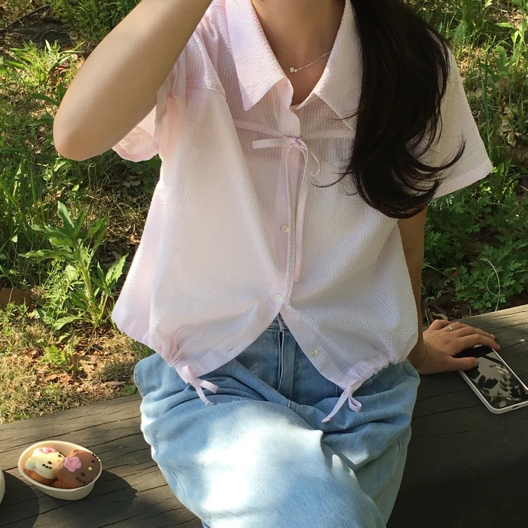 Zomer Bubble Stripe Single Button ort Sve irt Strikje Koreaanse Sle Dames Faion Lente Herfst Winter Vrijetijdskleding