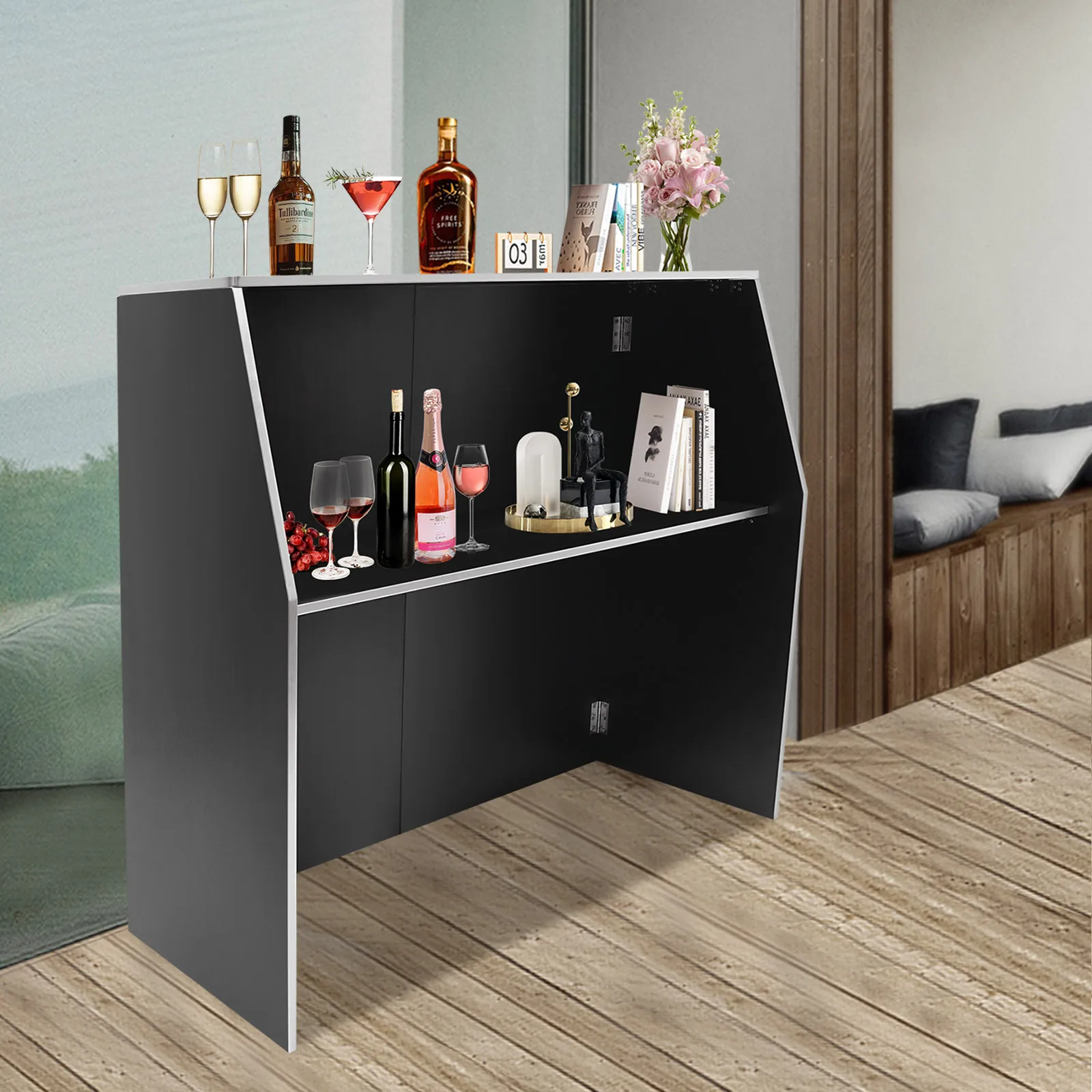 Portable Bar Cabinet – 19.5" x 47.75" x 42.75", Black Particle Board with White Aluminum Trim