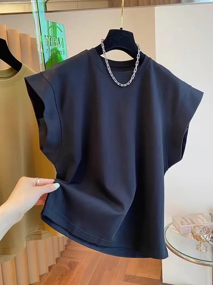 Korean Design Loose Shoulder Sleeveless T-shirt Men's Casual Basic Polyester Fiber Summer Fashion round Neck Short Sleeve