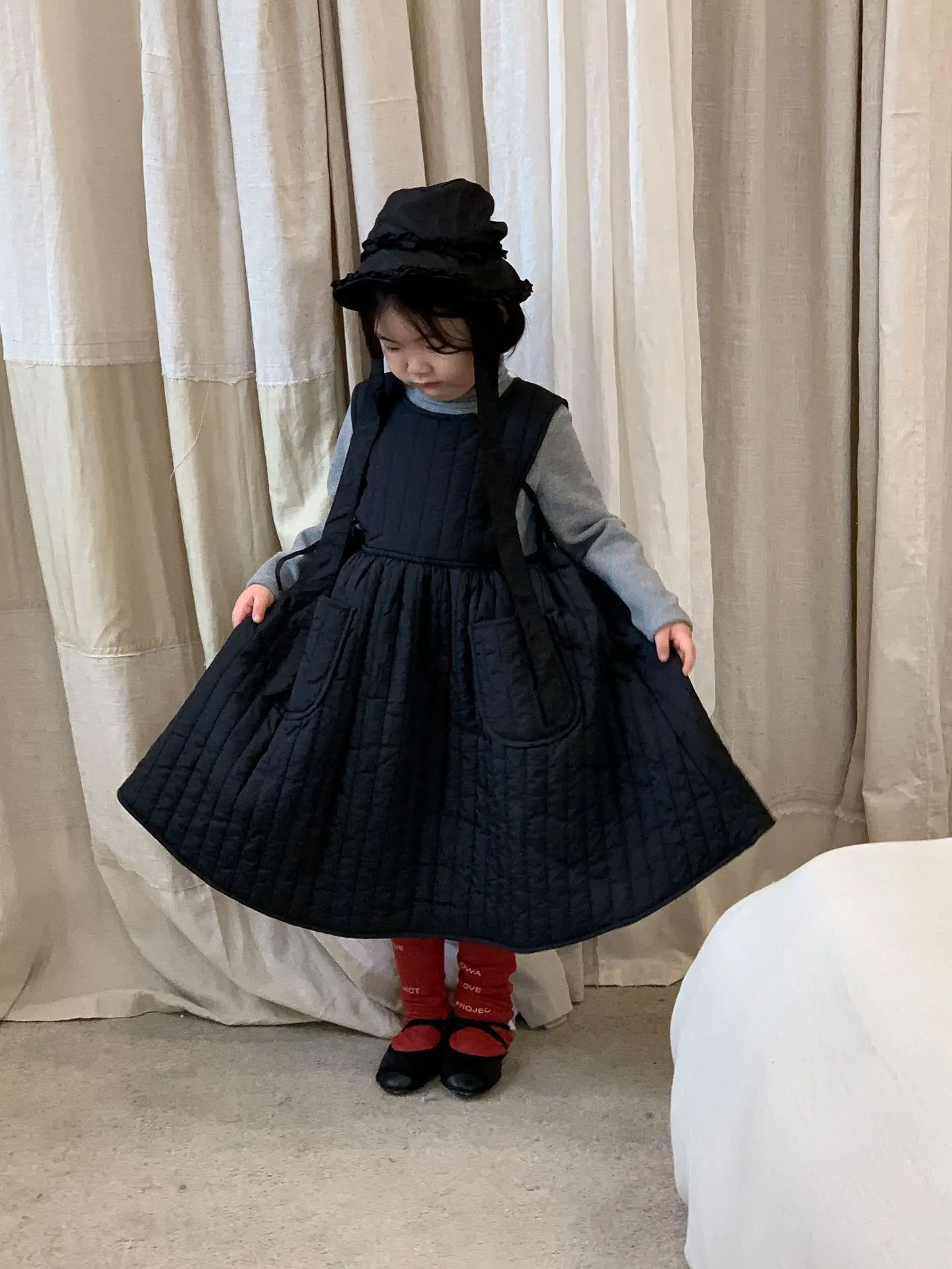 Children's Dresses 2024 Autumn Winter Korean Baby Girl Sleeveless Dress Cotton Warm Retro Lace-up Kids Girls Vest Dress