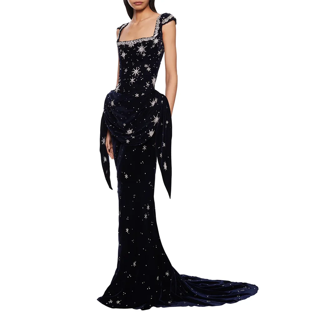 Funkelndes marineblaues Ballkleid mit quadratischem Ausschnitt, modisches rückenfreies Abendkleid, maßgeschneidertes formelles Partykleid im Meerjungfrau-Stil mit Kristallen – Detail 2