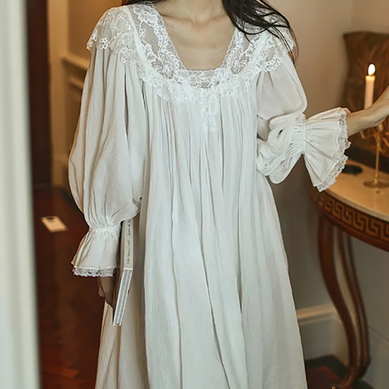 

White Cotton Jacquard Nightgown with Chest Cushion French Fairy Princess Nighty Wear Loose Lace Spring Autumn Nightdress