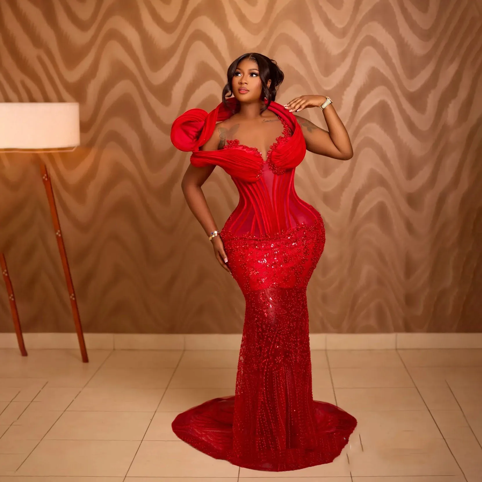 

Plus Size Wine Red Prom Dress Mermaid Evening Dress Robe De Soiree Beaded Lace Sheer Neck Illusion Pearls Crystals Birthday Dres