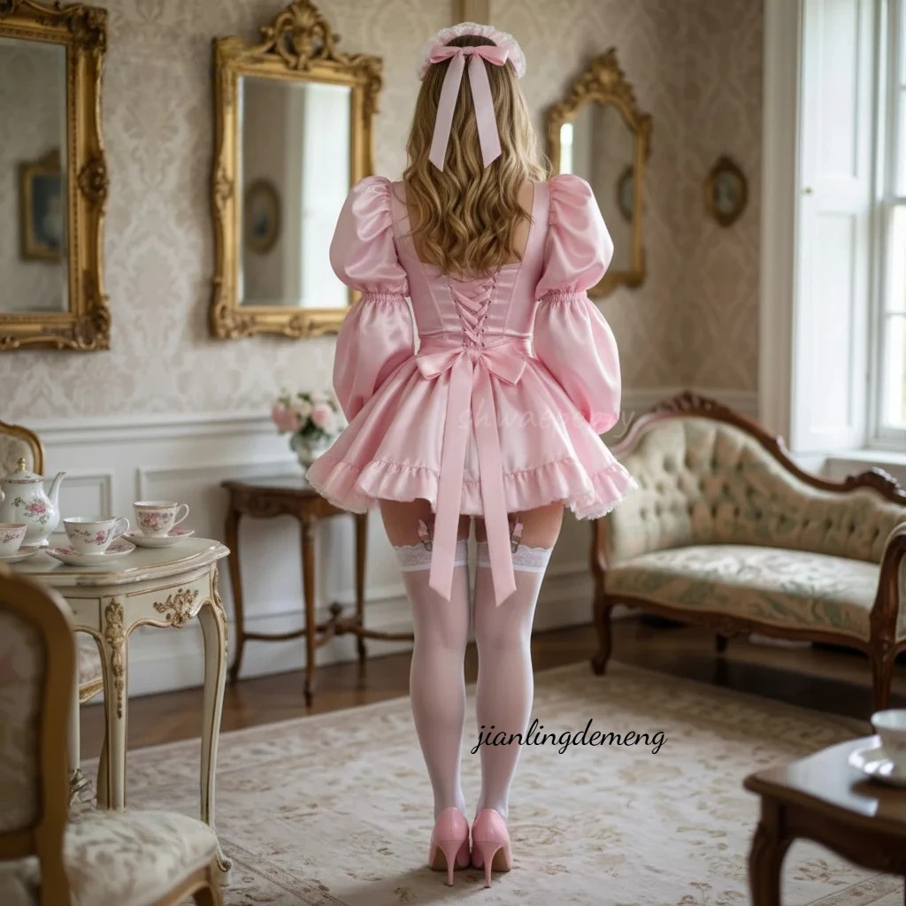 Pink Satin Maid Prom Dress Long Sleeve Lace Trim Peter Pan Collar A-Line Short Cosplay Party Evening Gown Customized