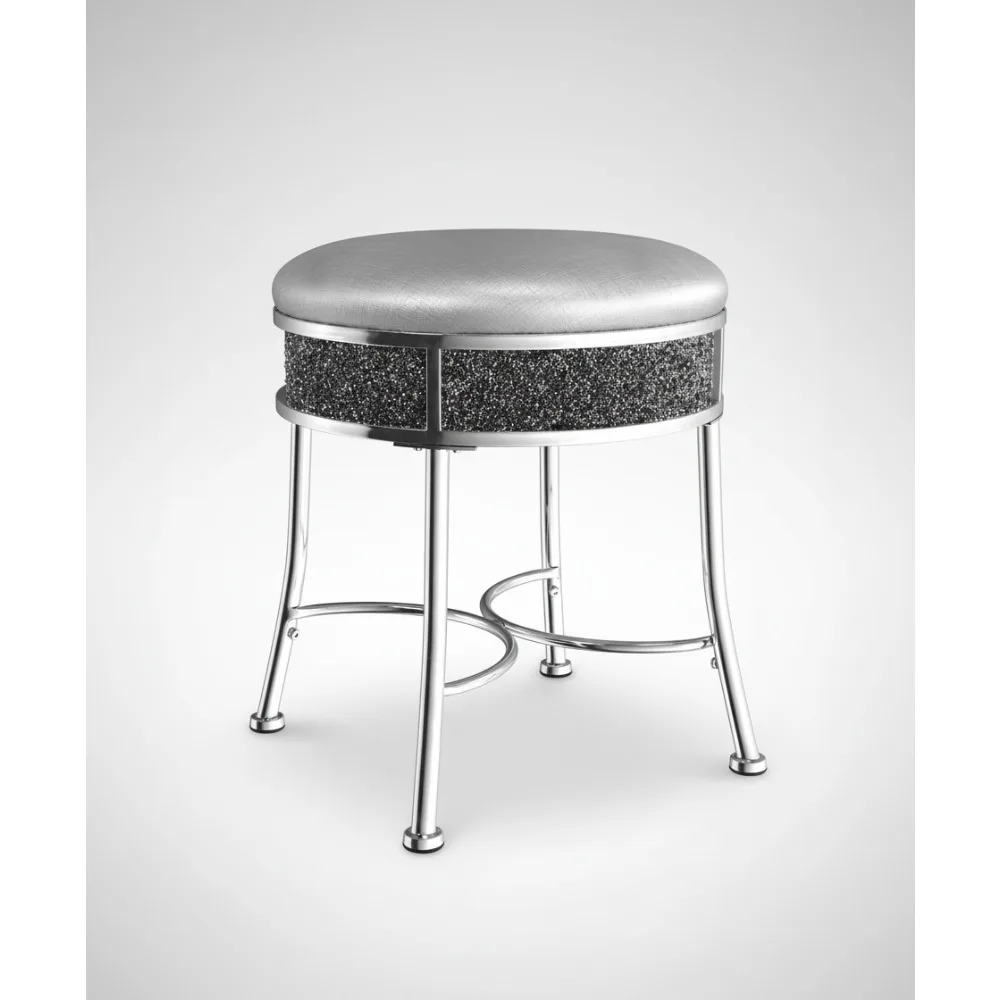 مقعد فانيتي معدني بدون ظهر مع مجموعة ألماس صناعي لغرفة المكياج أو الحمام، فضي #1