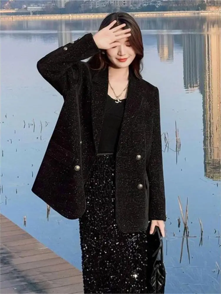 

Женский костюм из смесового хлопка: зимний повседневный универсальный пиджак премиум-класса в уличном стиле, модный, двубортный, с длинными рукавами