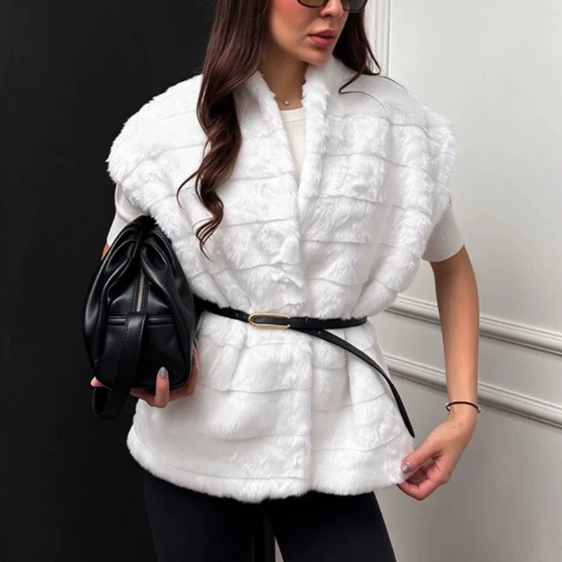 Women Faux Fur Vest Coats Jackets V Neck Sleeveless Coat Thick Warm Y2k Streetwear Jacket Elegant Work Outerwear Autumn Winter