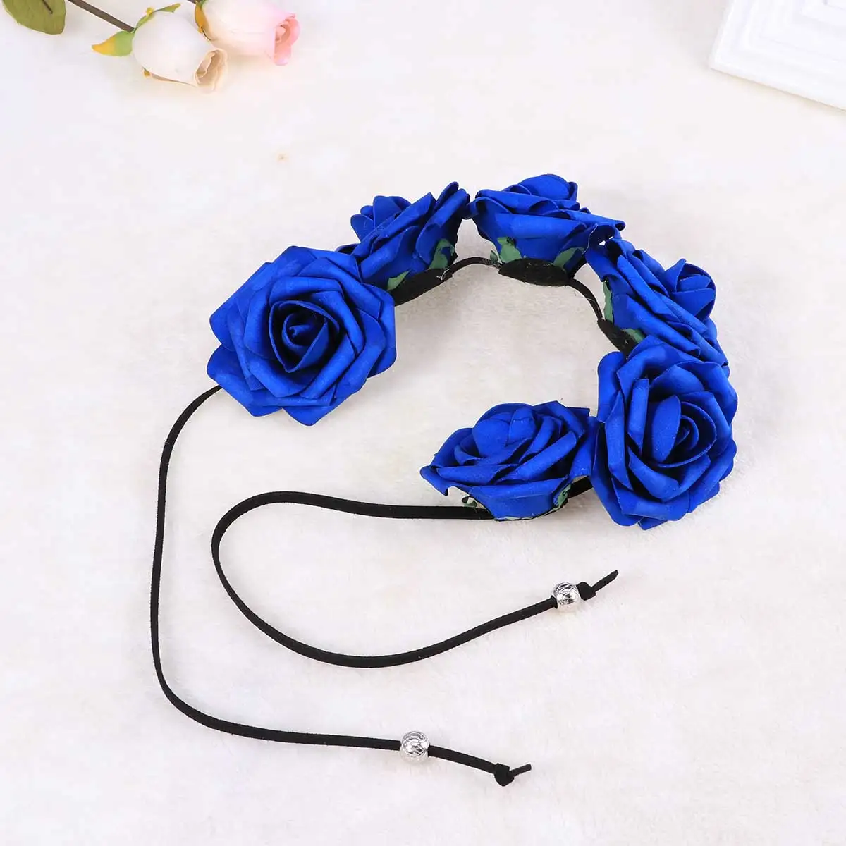 

Dark Blue Rose Bridal Floral Hair Wreath Six Big Roses Adjustable String Wedding Festival Party Headband Crown