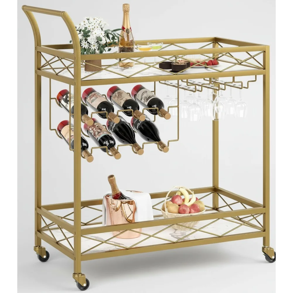 

Gold Bar Cart with Wheels, 2-Tier Serving Cart White Marble Finish, Wine Rack & Glass Holder for Kitchen Living Room