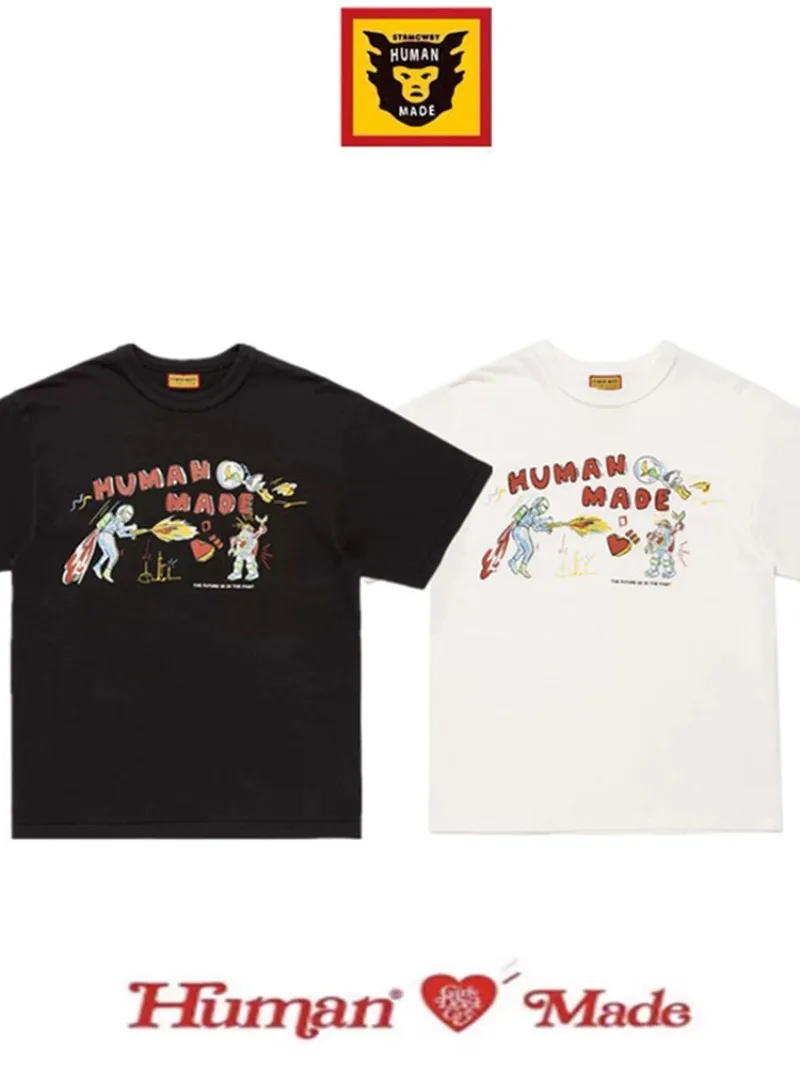 Human Made Hand-Drawn Slub Cotton T-Shirt, Graphic Casual Tee for Men Women