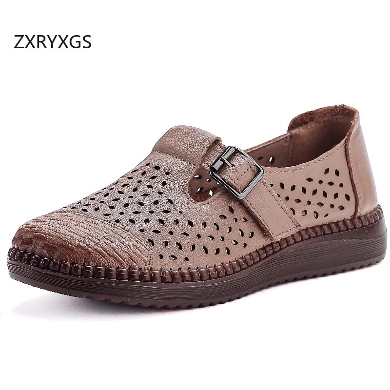 ZXRYXGS Promotion Genuine Leather Hole Hole Shoes Flat Sandals 2026 New Trendy Spring Summer Flats Hollow Women Breathable Shoes