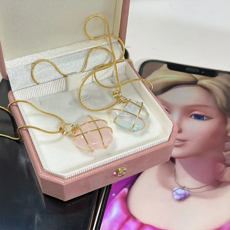 Exquisite Girl Pink Crystal Opal Heart Shaped Impossible Best Friend Gift Rose Quartz Barbie Same Necklace Jewelry Accessories