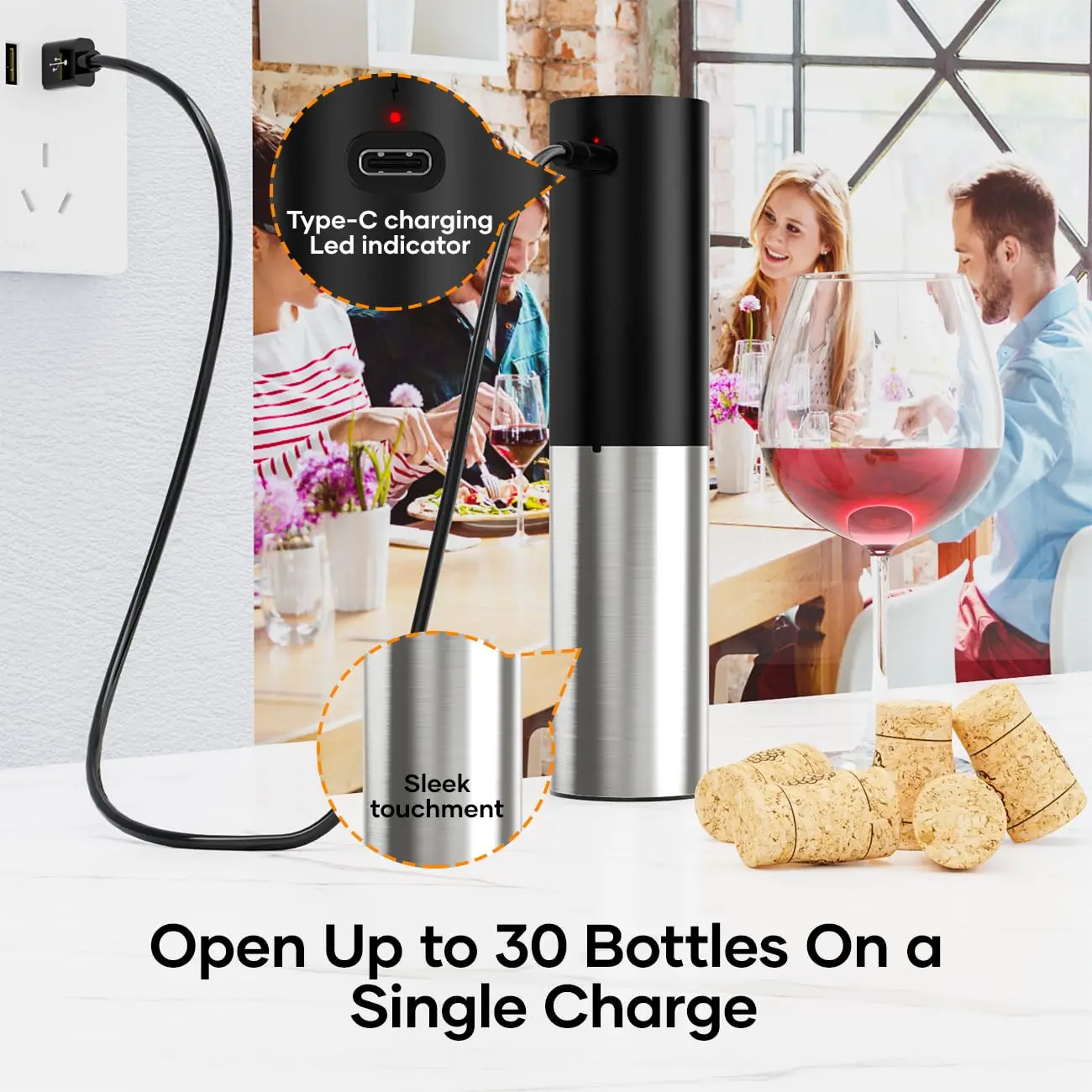 Tire-bouchon à vin électrique en acier inoxydable portable, bouton en un clic, cadeau pour les amateurs de vin, ouvre-vin de type C, charge rapide, cuisine