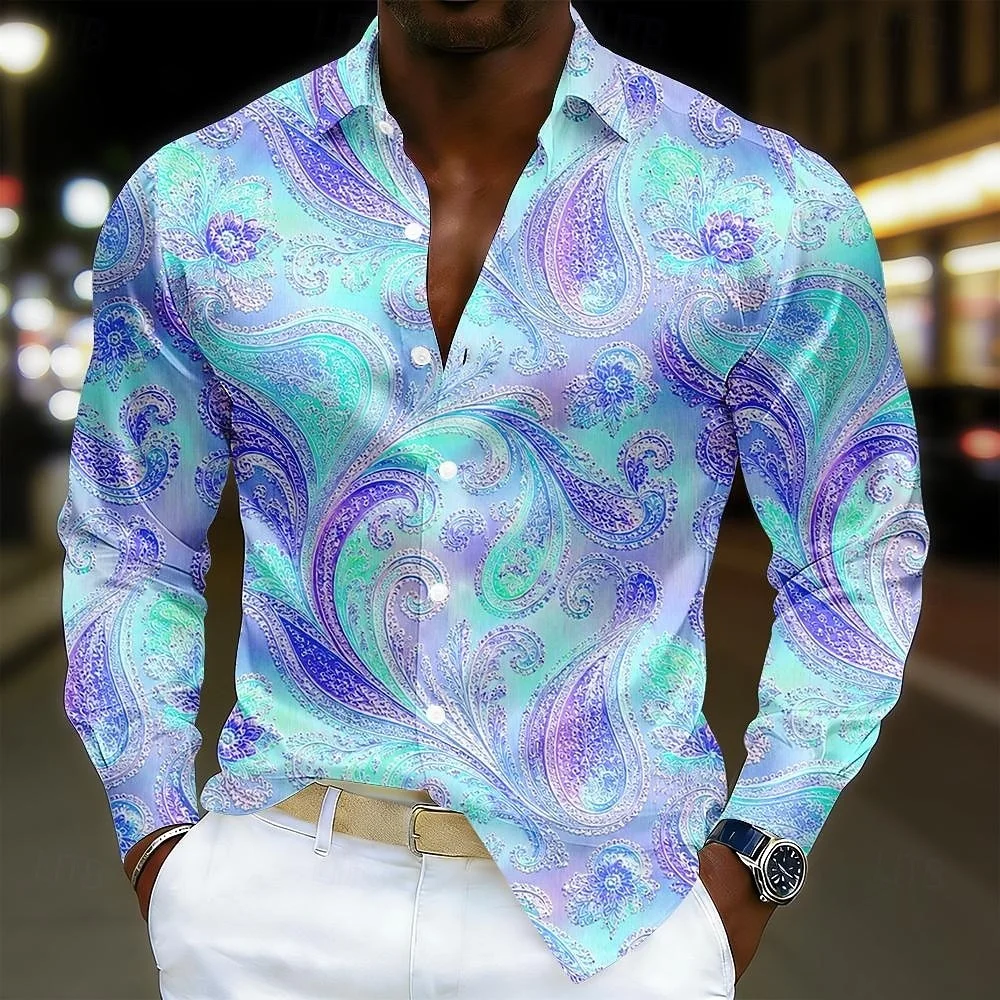 New men's retro ethnic cashew flower long sleeved shirt with purple paisley spiral flower full print men's lapel top