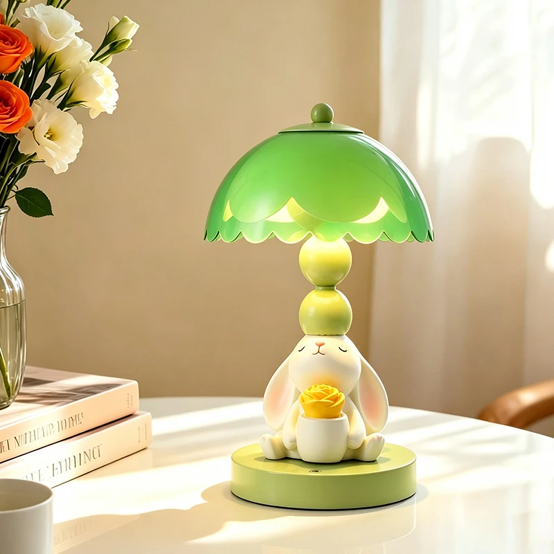 Cute Lop Rabbit Rose Table Lamp Green Scalloped Lampshade Warm Night Light Bedroom Desktop Sweet Ambient Decor Lighting Ornament